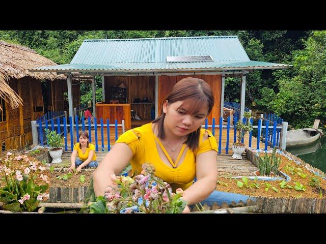 The girl completed the flower garden floating on the water.