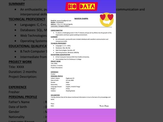 How to Make Resume|CV writing|CV Format|in english|Curriculum Vitae #shorts #cvwriting #viral