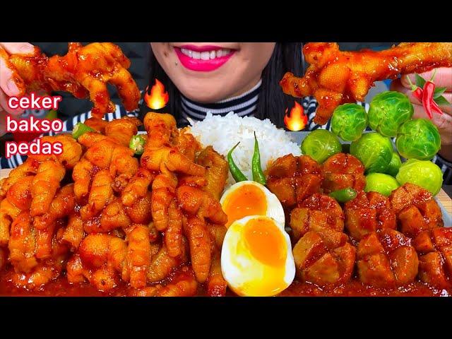 MAKAN CEKER BAKSO PEDAS *SPICY MEATBALL, CHICKEN FEET, RICE ASMR MASSIVE Eating Sounds