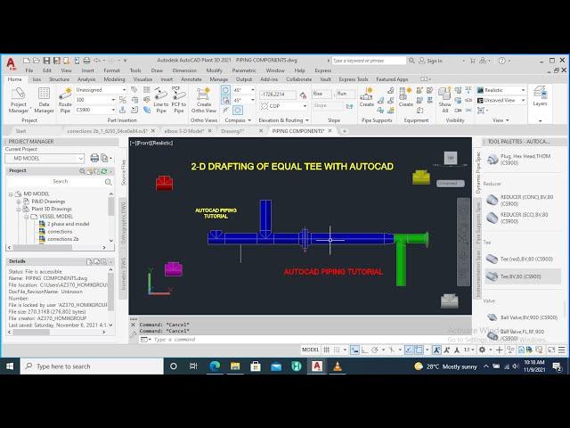AutoCAD 2-D Drafting of Equal Tee(AutoCAD Piping components Tutorial)
