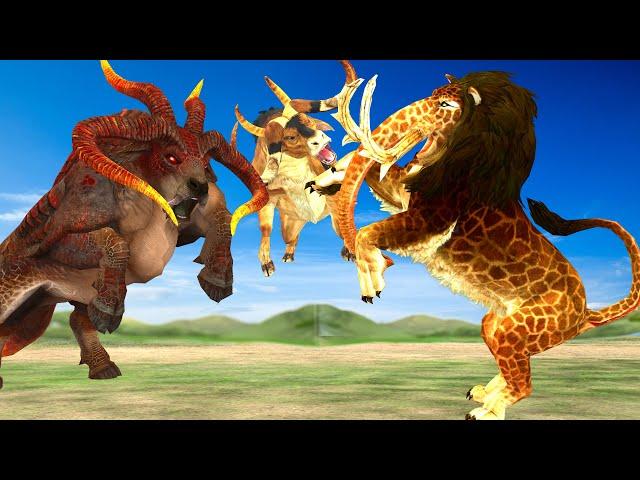 Monster Lion Mammoth Attacks Cow Cartoon Buffalo Saved By Giant Bull, Woolly Mammoth Elephant