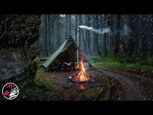 Solo Camping in the Rain with a Wood Stove and a Cosy Shelter - ASMR Camping Adventure