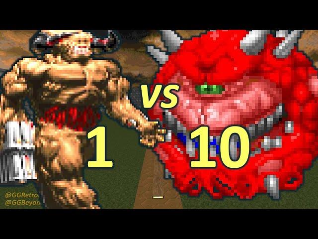 Cyberdemon vs 10 Cacodemons - Monster Infighting - Doom Retro Battles