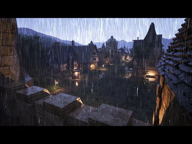 Heavy rain falls in a fantasy medieval village