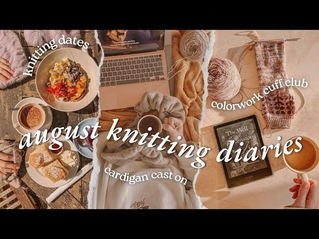 august stitched away… (knitting vlog) 🪻 girls knit night, first colorwork socks, cardigan cast on!