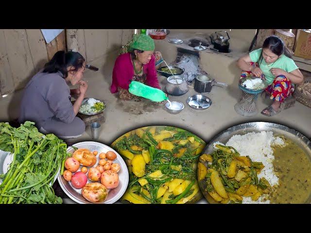 Potato & Green Pumpkin leaf mix recipe with Rice Village style making & Eating || Yummy Village Food