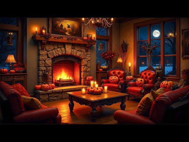 Cozy Autumn Halloween Ambience - Gentle Jazz Melodies & Fireplace Sounds for Unwind, Stress Relief 