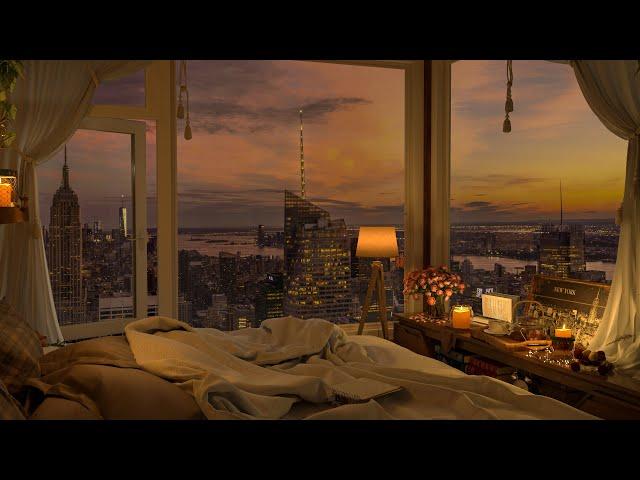 New York City Views Night in Cozy Apartment with Piano Jazz Music to Relax, Sleep, Work and Study