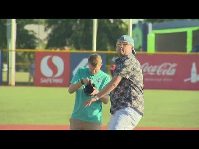KGW Sports Anchor Orlando Sanchez tosses 1st pitch at Hops game
