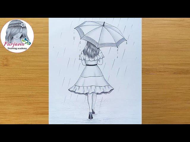 Easy way to draw a girl with umbrella || A rainy day pencil sketch || bir kız nasıl çizilir