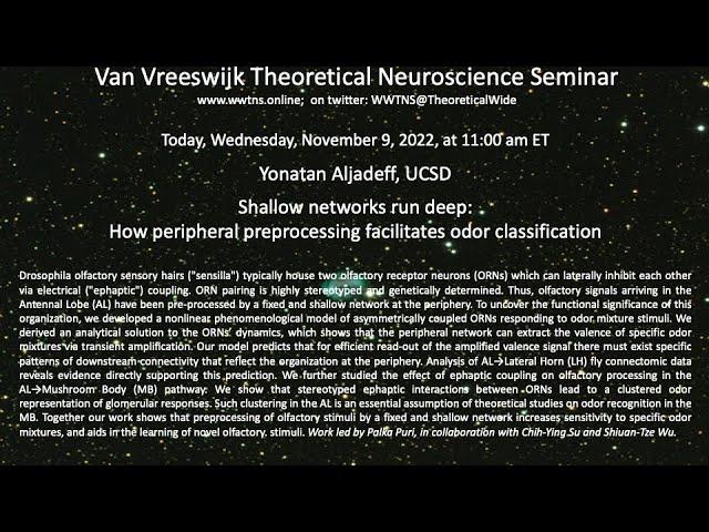 Shallow networks run deep:How peripheral preprocessing facilitates odor class... , Y. Aljadeff, UCSD