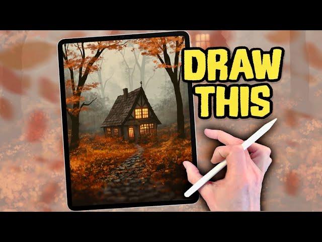 PROCREATE Landscape DRAWING Tutorial in EASY steps - Fall Autumn woods Cottage