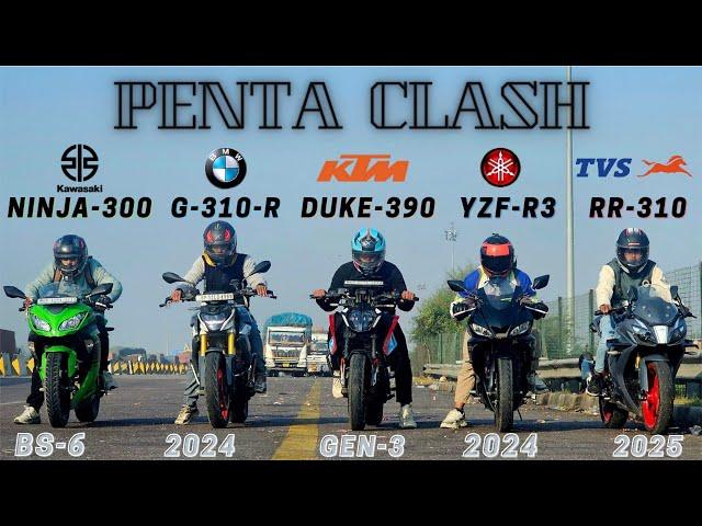 2025 APACHE RR-310 vs DUKE 390 GEN-3 vs NINJA 300 BS6 vs 2024 YAMAHA R3 vs BMW G310R  | DRAG RACE