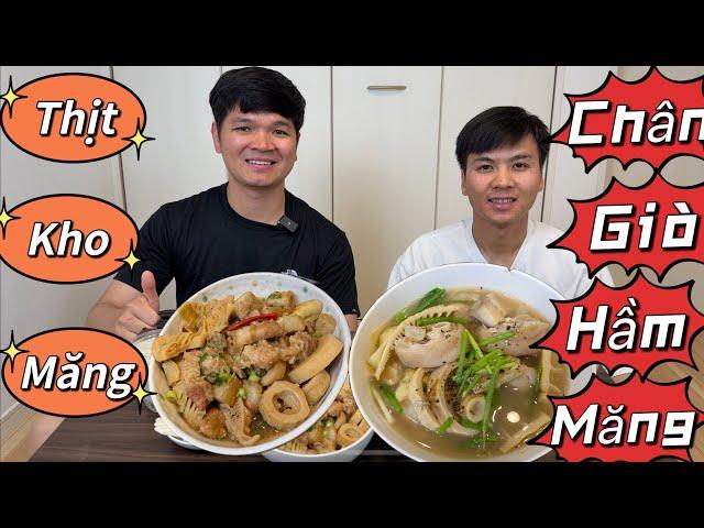 Đậm đà bữa cơm 2 món thịt kho măng và chân giò hầm măng. Món quà từ Cụ chủ vườn mua tặng 2 anh em.