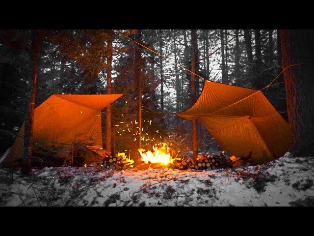 Tarp Camping in the Snow - Double Lean-To Tarp Setup with a Fire in Between - Pulling Sleds to Camp.