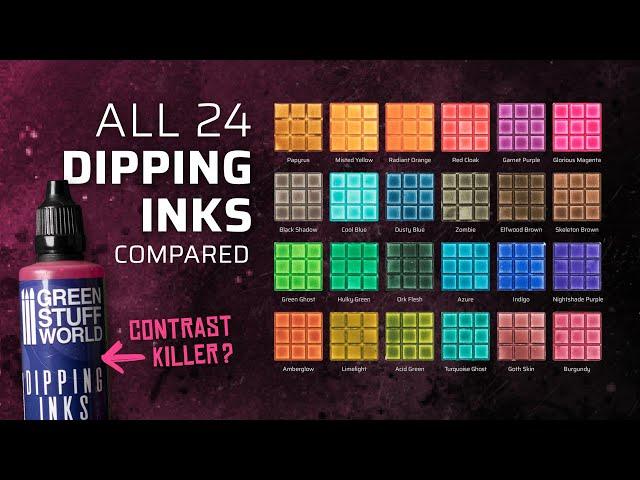 Visual comparison of all 24 DIPPING INKS from Green Stuff World (real hand-painted colour swatch)