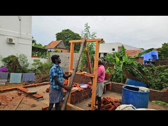 Brickwork Construction_Living Room Entrance Wood Door Design Frame Install with Brickwall Work