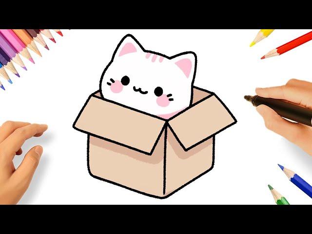 HOW TO DRAW A CUTE KAWAII CAT IN A BOX EASY STEP BY STEP 