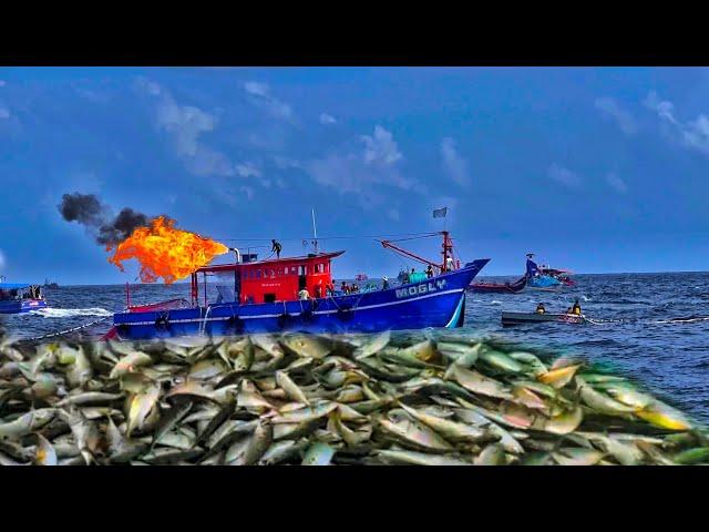 OMG! Fire On Boat! Today’s Tons Of Mackerel Fish Caught In a Single Haul |Day-1 | Deep Sea Fishing