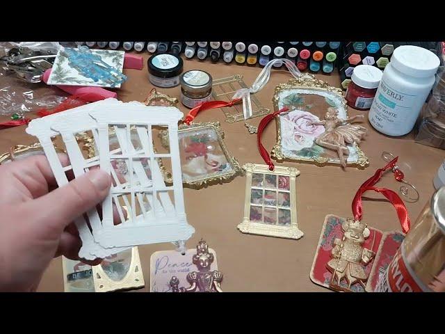 let's make gift tag ornament package toppers.  Anna Griffin transfers & dies, redesign prima moulds