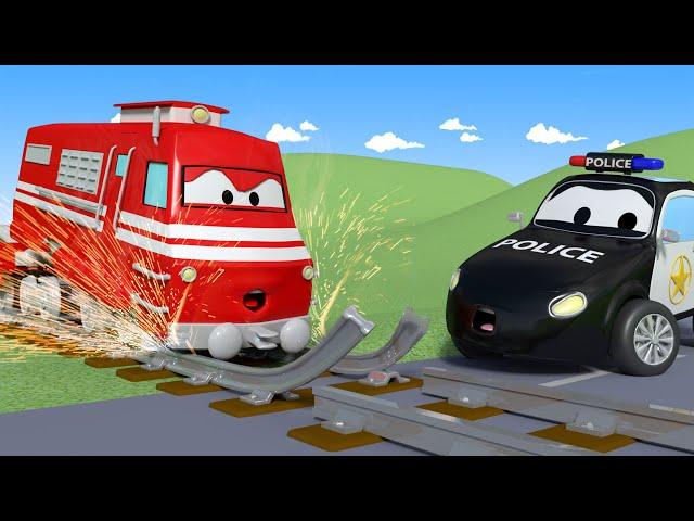 Car Patrol -  Troy the TRAIN Can't Drive on BROKEN Rails!  - Car City ! Police Cars and fire Truc...