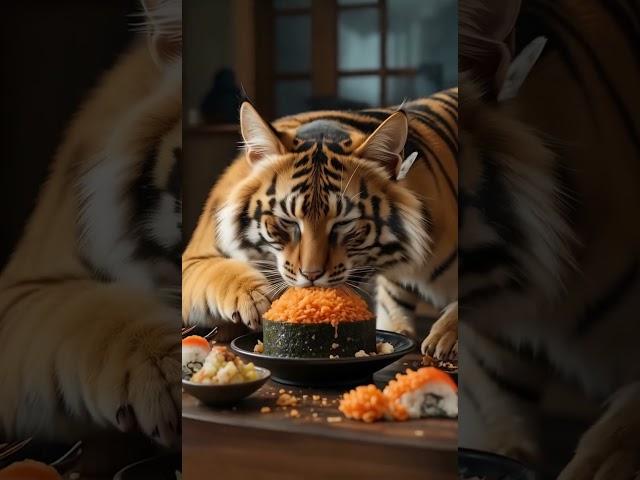 Cat challenges tiger in a sushi eating contest 