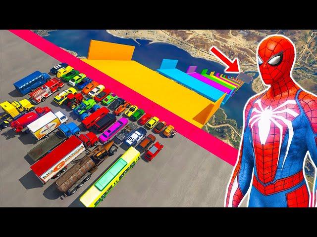 hombre araña en carro | spiderman mega ramp challenge with all vehicles  | GTA 5 MOD