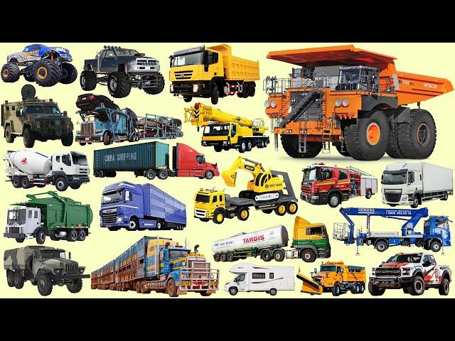 Trucks Name Sounds, Trucks Collection, Trucks Name list - Dump truck, Monster truck, Mining, Crane