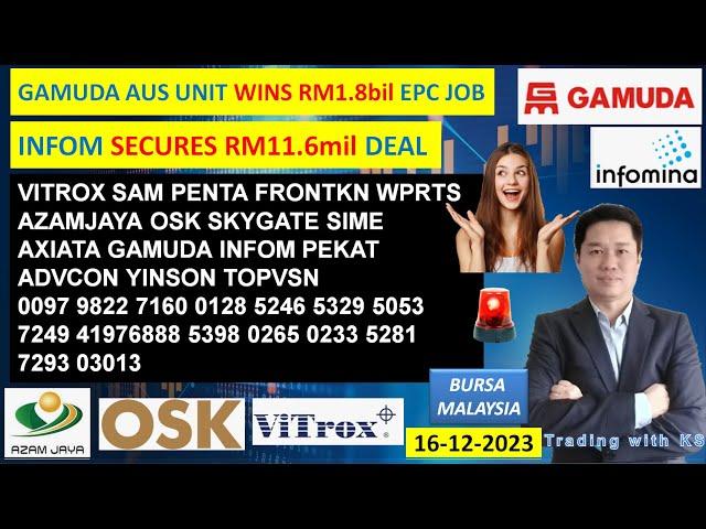 Daily KLSE BURSA UPDATE - 16-12-2024 GAMUDA AUS WIN RM1.8bil EPC JOBINFOM SECURES RM11.6mil DEAL