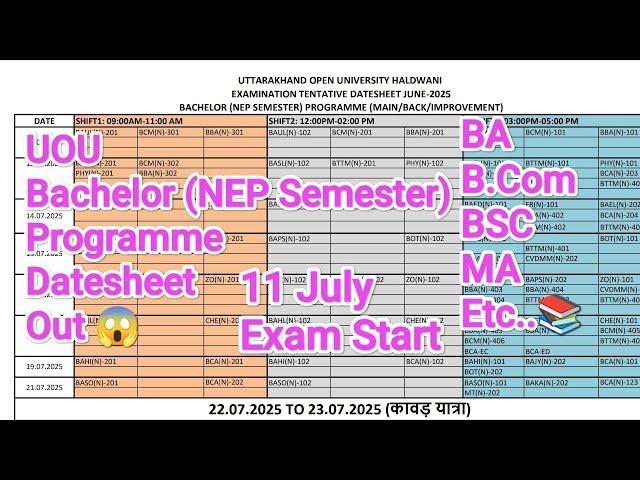 UOU Expected Datesheet OutJune-July2025 BA,B.Com,BSC(NEP Programme) #uou #exam #admission#admission