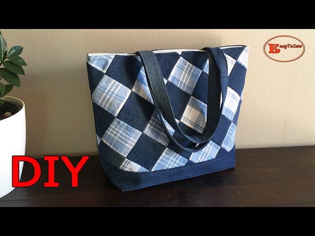 DIY LADIES CANVAS WITH DENIM PATCHWORK TOTE BAG SEWING TUTORIAL | PATCHWORK TOTE BAG TUTORIAL