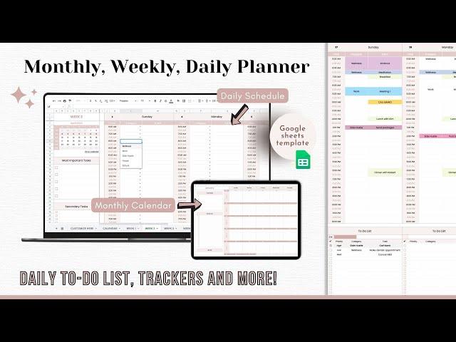 WEEKLY PLANNER Google Sheets Template - Monthly Calendar - Daily Schedule Spreadsheet