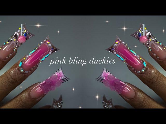 Pink Bling Duckies| duck nail acrylic application + extravagant nail art!