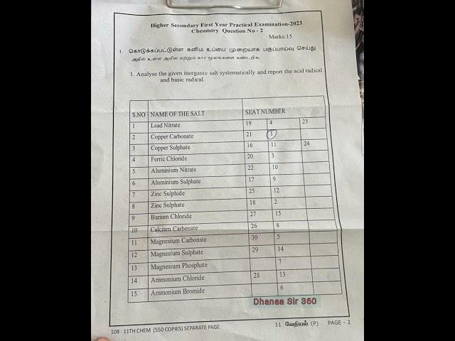 11th CHEMISTRY PUBLIC PRACTICAL EXAM QUESTION PAPER