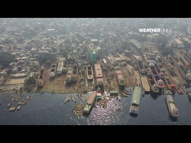 Aerial View of Buriganga River in Bangladesh Ferrying People on Boats