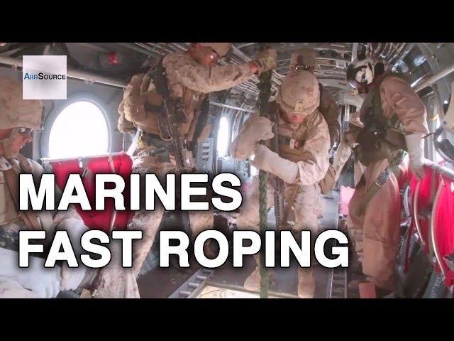 Marines Fast Roping From CH-46 Sea Knight Helicopters