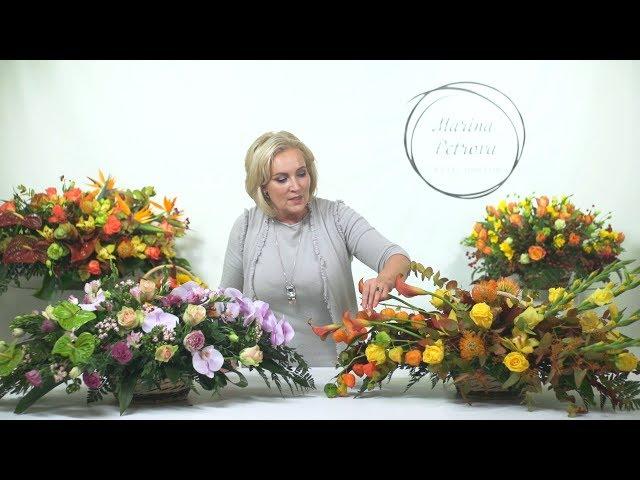 The preview of the master-class of Marina Petrova - a horizontal flower arrangement in a basket