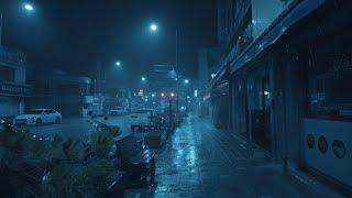 [4K] Empty night streets and city noises with heavy rain. ASMR for relief insomnia, sleep-inducing