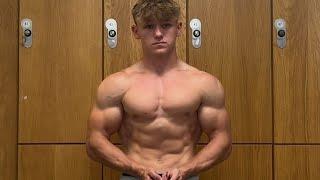 17 years old teen boy flexing muscle