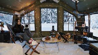 Winter Camp in Heavy Snowfall with air Hot tent in the woods | Living and Enjoying