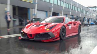 Ferrari 488 Challenge EVO - Start Up, Full Throttle in Heavy Rain, Fly-By, LOUD Revs Etc!!