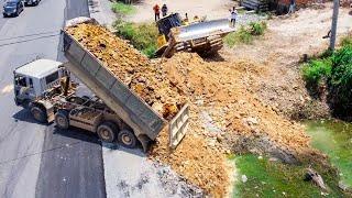 Full video Process Project LANDFILLing by Excellent skill Driver Dozer SHANTUi DH17C2 & Dump Trucks