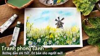 Vẽ tranh phong cảnh cánh đồng hoa cúc | Hướng dẫn vẽ màu nước | Watercolor tutorial