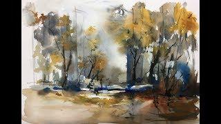 Watercolor winter fall forest speed painting demonstration workshop
