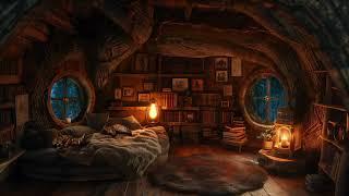 Rainy Day in a Cozy Treehouse Room - Warm Lanterns, Cushions & Sleeping Cat