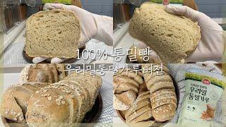 [홈베이킹] 100% 통밀빵 만들기 / NO설탕 우리밀 통밀가루 건강빵 만들기 / 오븐 + 에어프라이어 100% Whole Wheat Bread | 까망레시피
