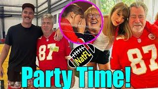 Taylor Swift has fun with Travis Kelce's parents at pre-game party as they prepare to cheer him on