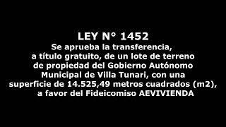 LEY N° 1452 -  Aprueba la transferencia, d un lote de propiedad del GAM de Villa Tunari a AEVIVIENDA