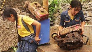 Strong girl repairs diesel engine in the mountains and leads a sheep home