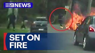 Man accidentally sets himself on fire while torching getaway car after shooting | 9 News Australia